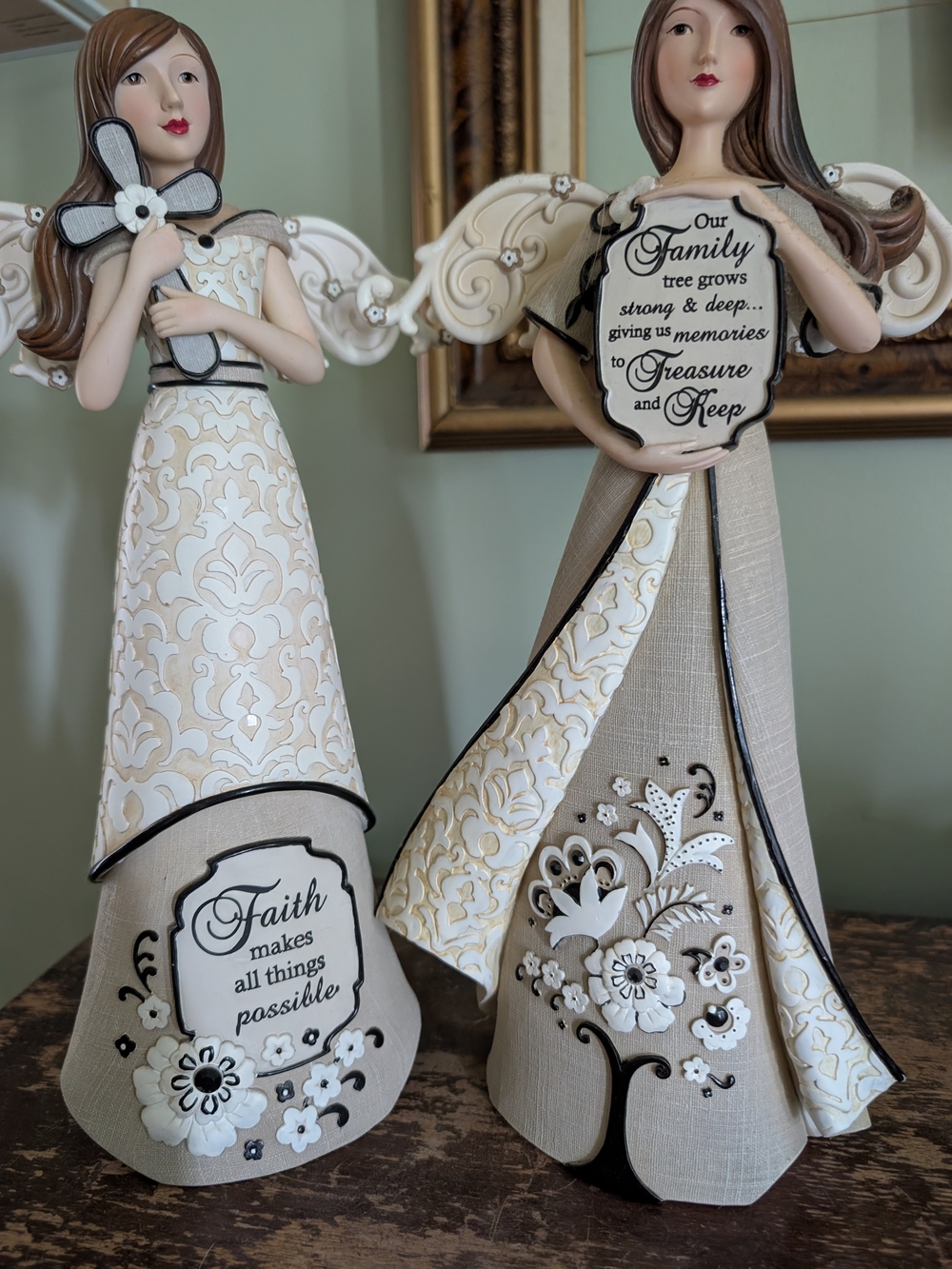 Faith & Family Decorative Angel Figurines in Beige and White